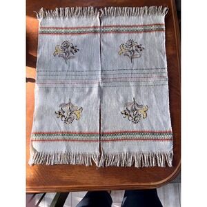 Vintage Hand-Embroidered Linen Tea Towels Floral Folk Art Table Decor Set of 2